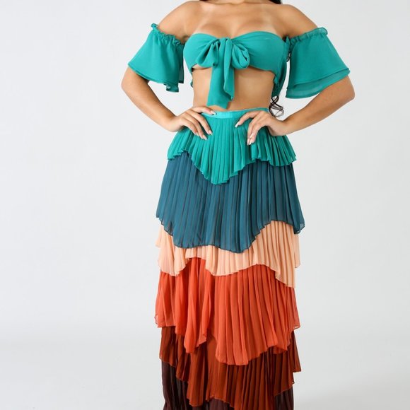 Colorful Tiered Pleated Maxi Skirt Crop Top set- aqua - Picture 7 of 9